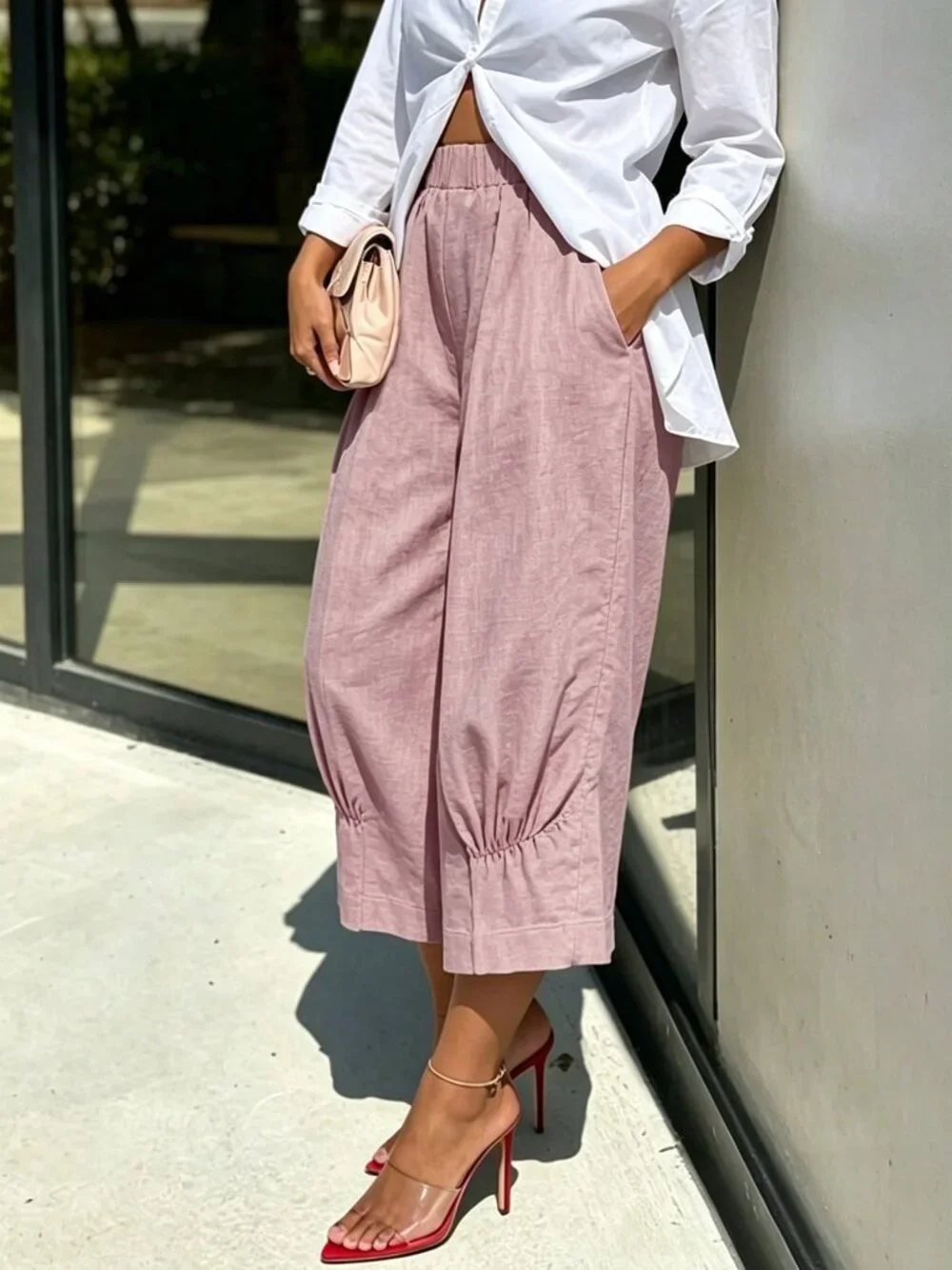 Pink Casual Women's Colorblock Ruched Pocket Elastic Waist Capri Bermuda Pants
